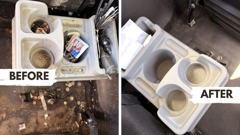 Before and after work truck cup holders and console