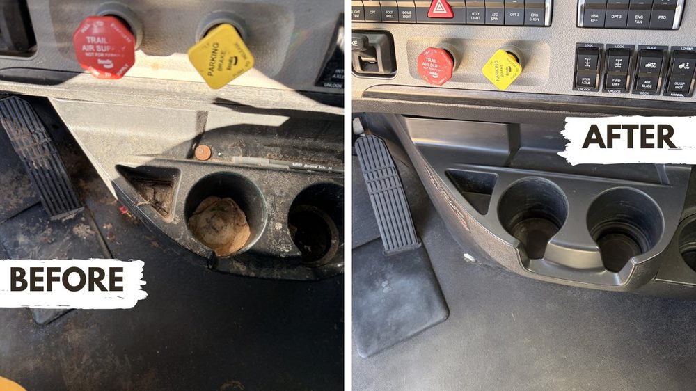 Before and after semi truck dash and cup holders
